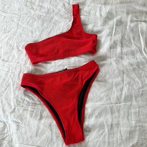 Nastygal Red One Shoulder Bathing suit set